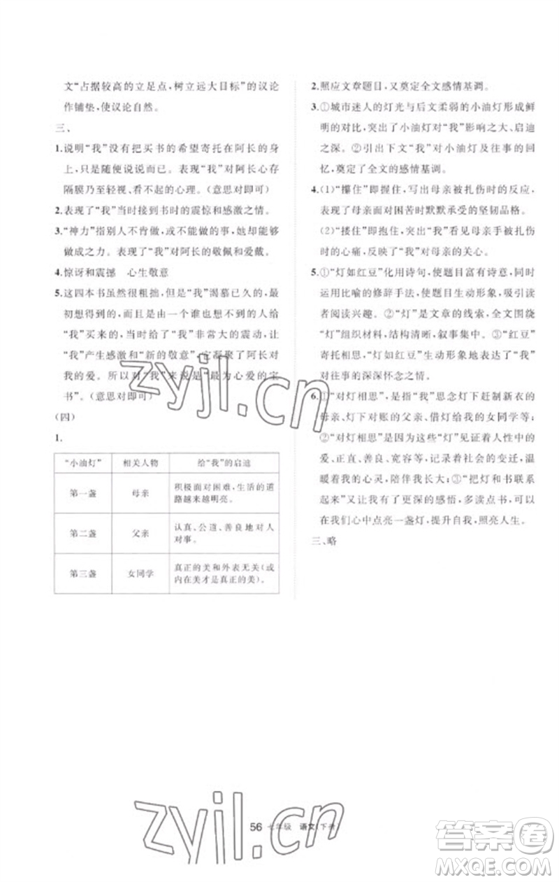 寧夏人民教育出版社2023學(xué)習(xí)之友七年級(jí)語(yǔ)文下冊(cè)人教版參考答案