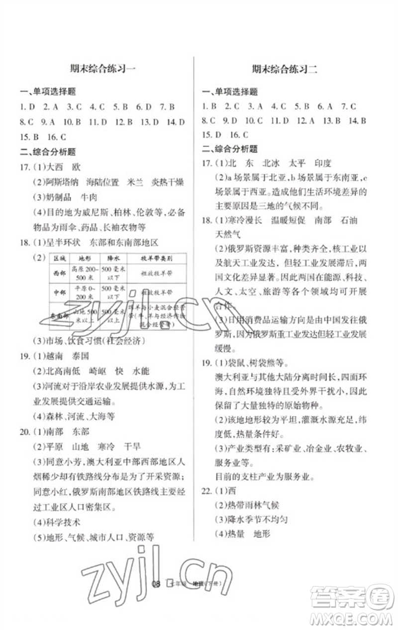 寧夏人民教育出版社2023學(xué)習(xí)之友七年級(jí)地理下冊(cè)人教版參考答案