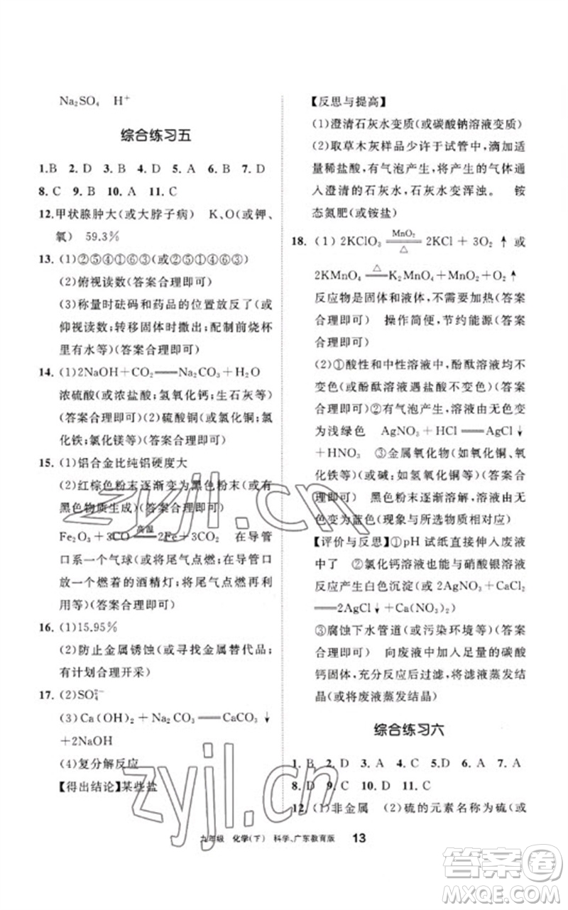 寧夏人民教育出版社2023學(xué)習(xí)之友九年級化學(xué)下冊科粵版參考答案