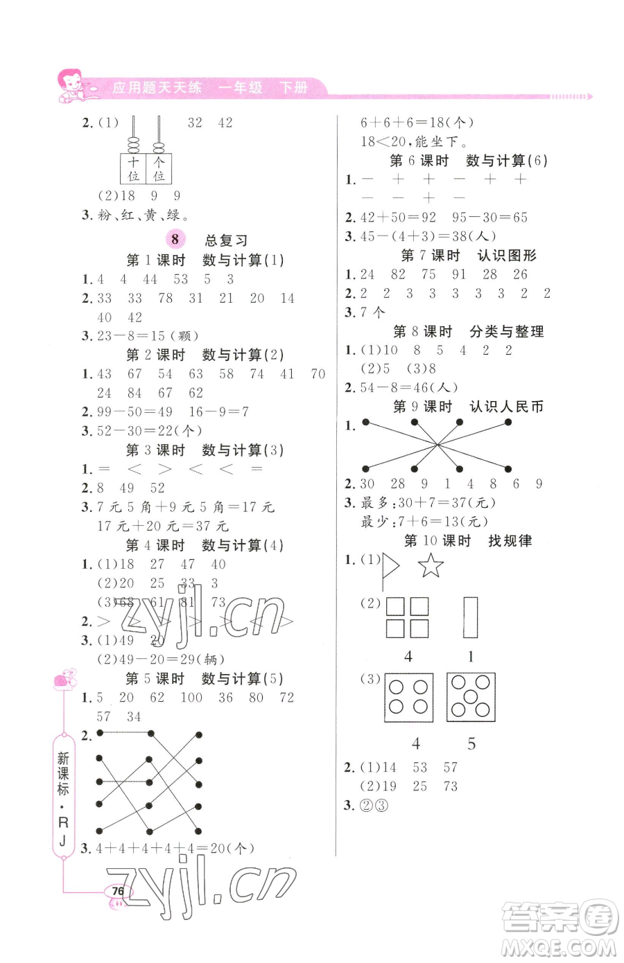 山東畫報出版社2023應(yīng)用題天天練一年級下冊數(shù)學(xué)人教版參考答案