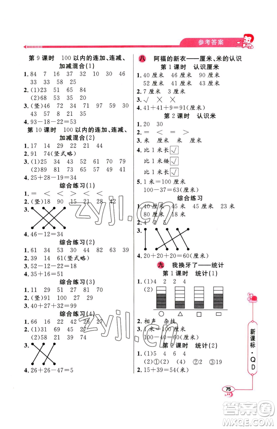 山東畫報出版社2023應(yīng)用題天天練一年級下冊數(shù)學(xué)青島版參考答案