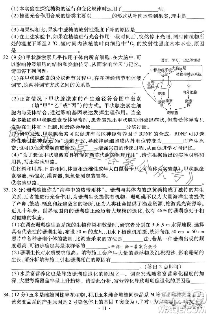 名校名師名卷2023新高考預測押題卷二理綜試卷答案