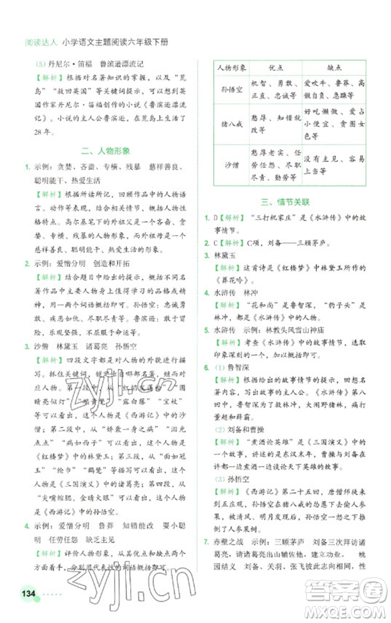 浙江工商大學(xué)出版社2023閱讀達人小學(xué)語文主題閱讀六年級下冊人教版參考答案