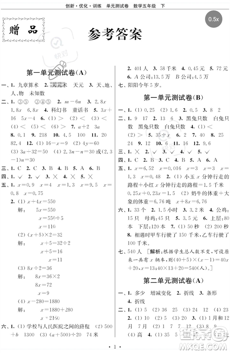 江蘇鳳凰美術(shù)出版社2023創(chuàng)新優(yōu)化訓練單元測試卷五年級數(shù)學下冊蘇教版參考答案