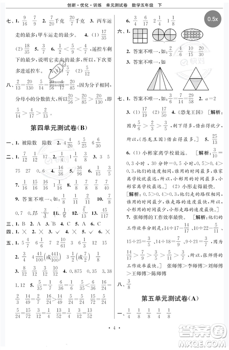 江蘇鳳凰美術(shù)出版社2023創(chuàng)新優(yōu)化訓練單元測試卷五年級數(shù)學下冊蘇教版參考答案