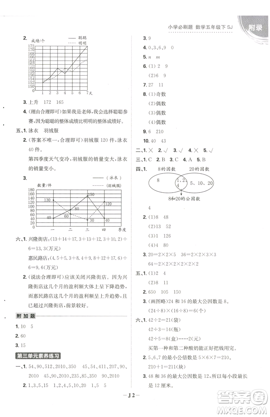 首都師范大學出版社2023小學必刷題五年級下冊數(shù)學蘇教版參考答案