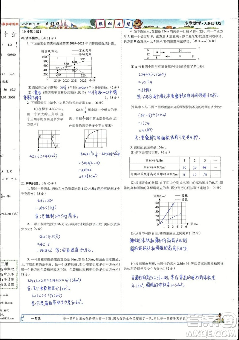 2023年春少年智力開(kāi)發(fā)報(bào)六年級(jí)數(shù)學(xué)下冊(cè)人教版第43-46期答案