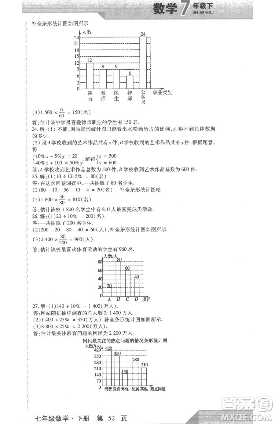 北方婦女兒童出版社2023精析巧練課時(shí)達(dá)標(biāo)七年級下冊數(shù)學(xué)人教版參考答案