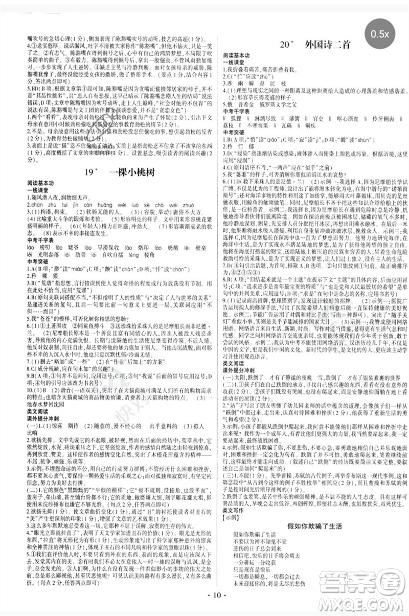 四川民族出版社2023同步寶典1線超越七年級語文下冊人教版參考答案