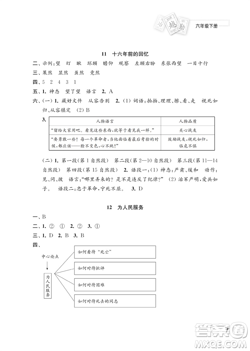 江蘇鳳凰教育出版社2023練習(xí)與測(cè)試小學(xué)語(yǔ)文六年級(jí)下冊(cè)人教版參考答案