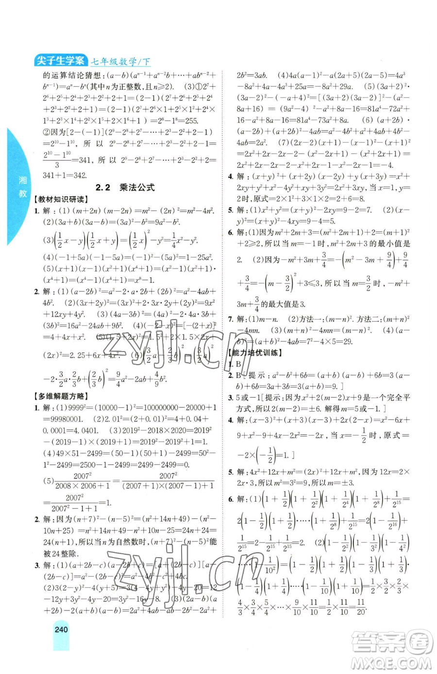 吉林人民出版社2023尖子生學案七年級下冊數(shù)學湘教版參考答案