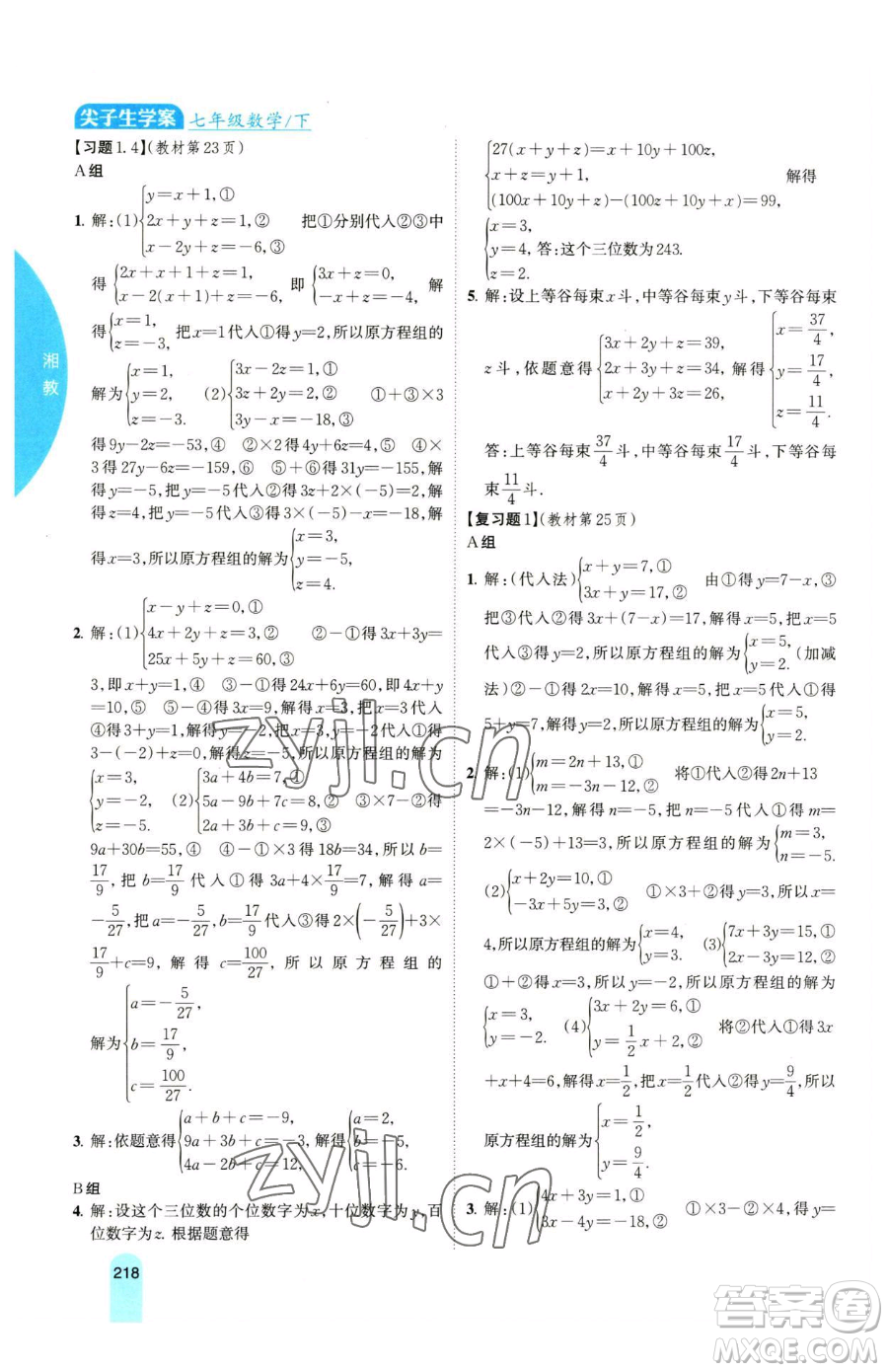 吉林人民出版社2023尖子生學案七年級下冊數(shù)學湘教版參考答案