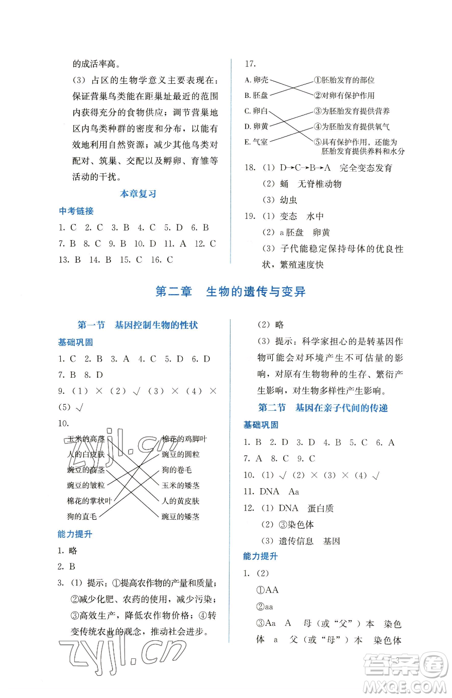 人民教育出版社2023同步解析與測(cè)評(píng)八年級(jí)下冊(cè)生物學(xué)人教版參考答案