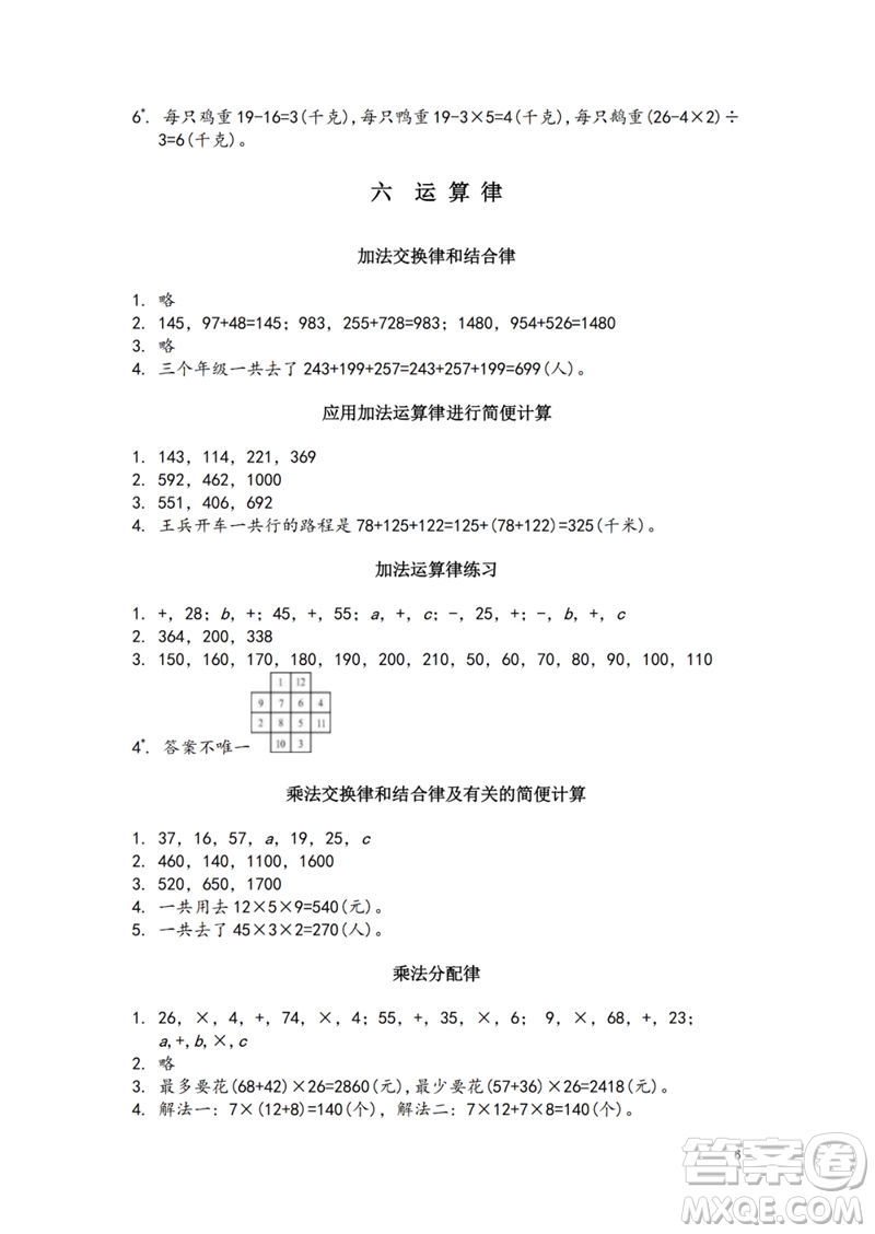 江蘇鳳凰教育出版社2023練習與測試小學數學四年級下冊蘇教版參考答案