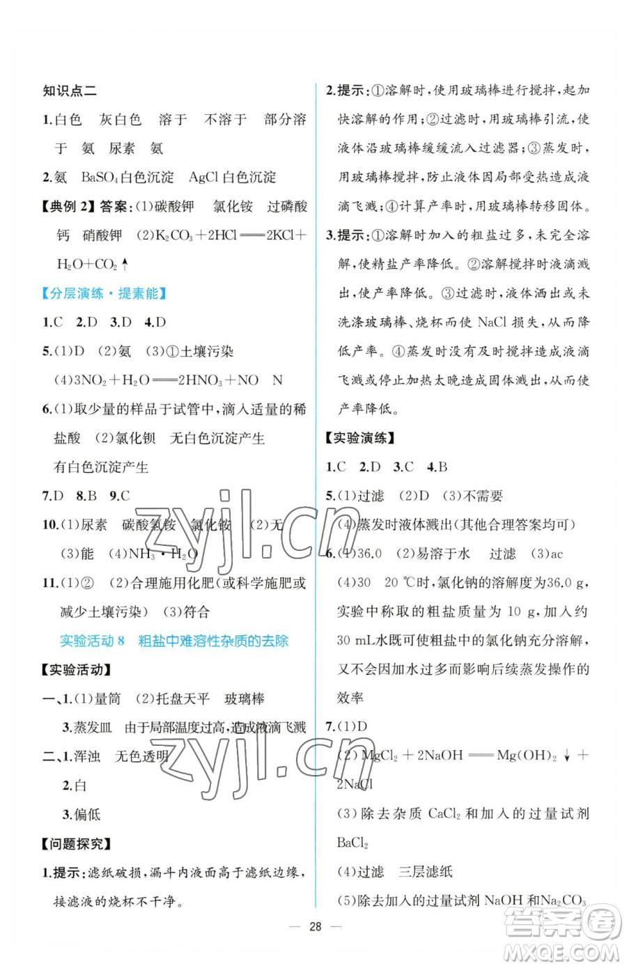 人民教育出版社2023同步解析與測評(píng)九年級(jí)下冊(cè)化學(xué)人教版云南專版參考答案