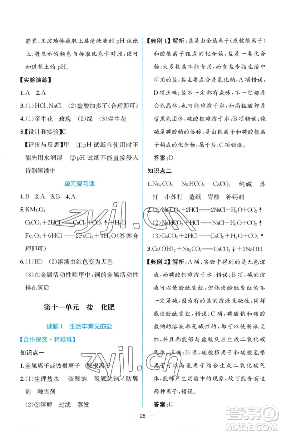 人民教育出版社2023同步解析與測評(píng)九年級(jí)下冊(cè)化學(xué)人教版云南專版參考答案