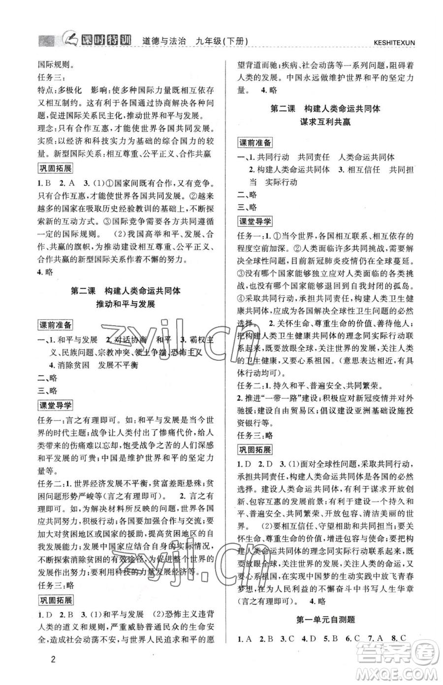 浙江人民出版社2023課時(shí)特訓(xùn)九年級(jí)下冊(cè)道德與法治人教版參考答案