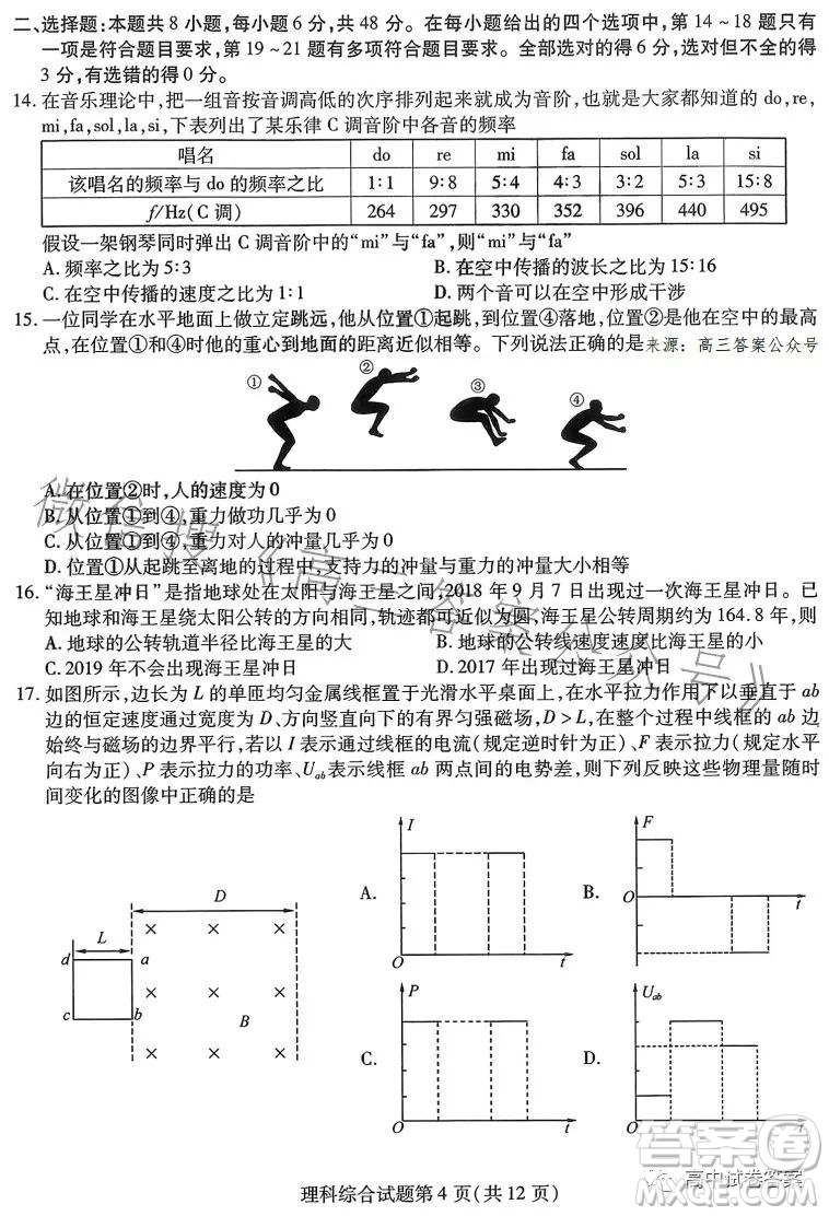 哈師大附中2023年高三第四次模擬考試理科綜合試卷答案