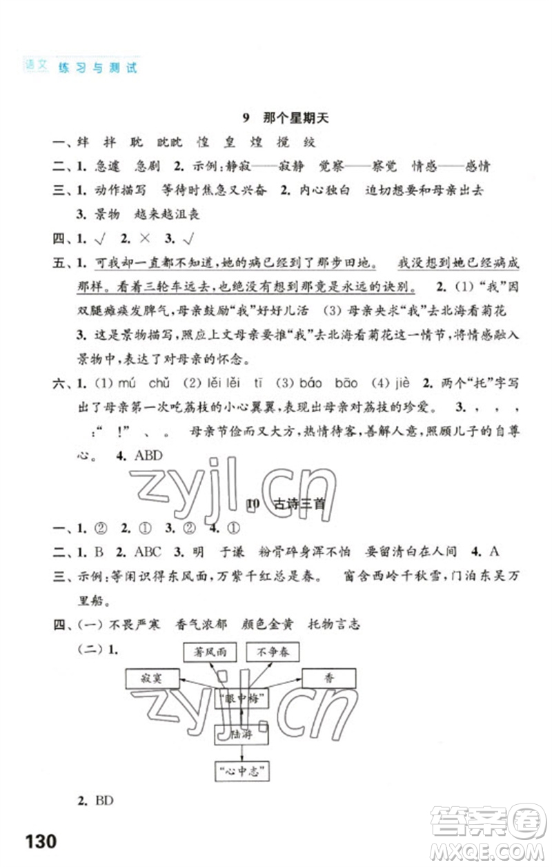 江蘇鳳凰教育出版社2023練習(xí)與測(cè)試小學(xué)語文六年級(jí)下冊(cè)人教版陜西專版參考答案