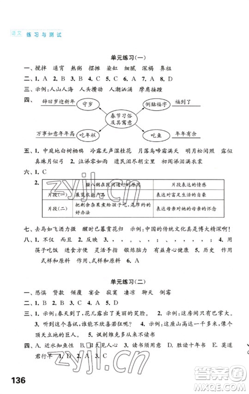 江蘇鳳凰教育出版社2023練習(xí)與測(cè)試小學(xué)語文六年級(jí)下冊(cè)人教版陜西專版參考答案