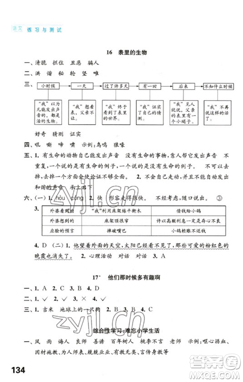 江蘇鳳凰教育出版社2023練習(xí)與測(cè)試小學(xué)語文六年級(jí)下冊(cè)人教版陜西專版參考答案