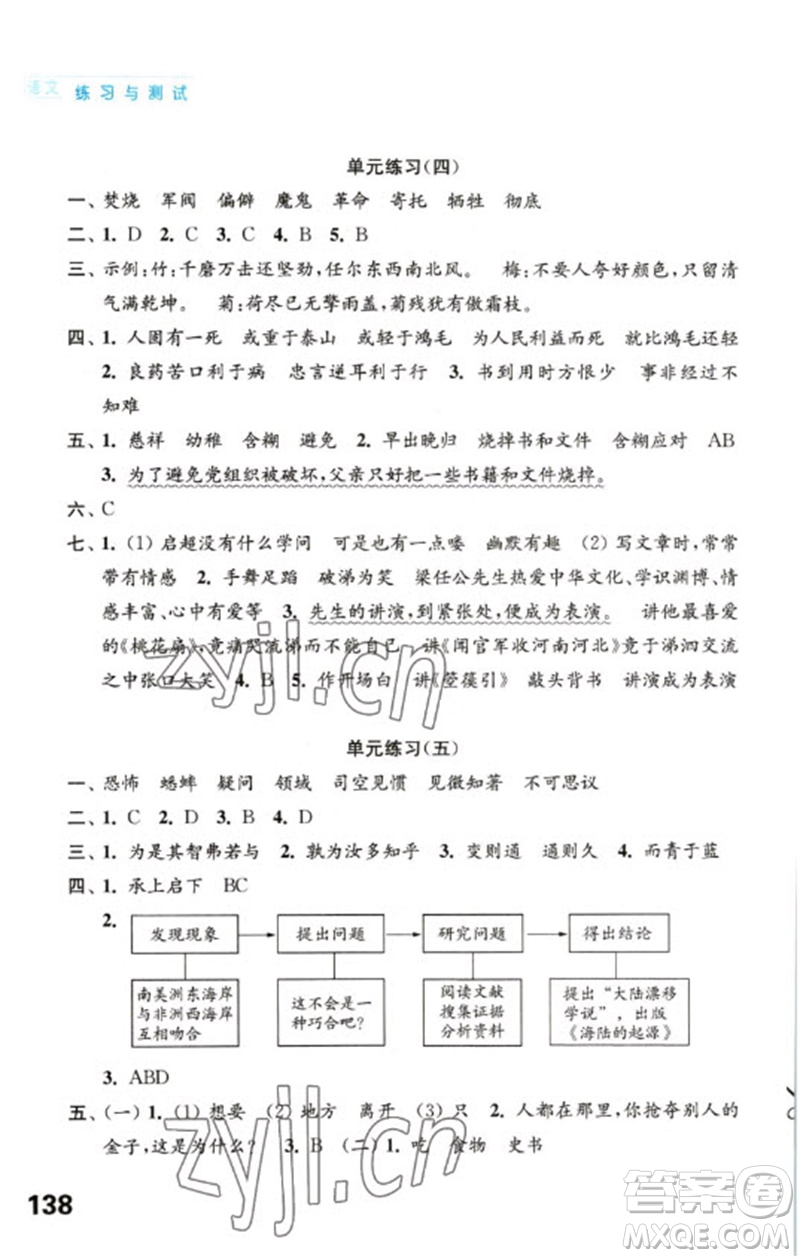 江蘇鳳凰教育出版社2023練習(xí)與測(cè)試小學(xué)語文六年級(jí)下冊(cè)人教版陜西專版參考答案