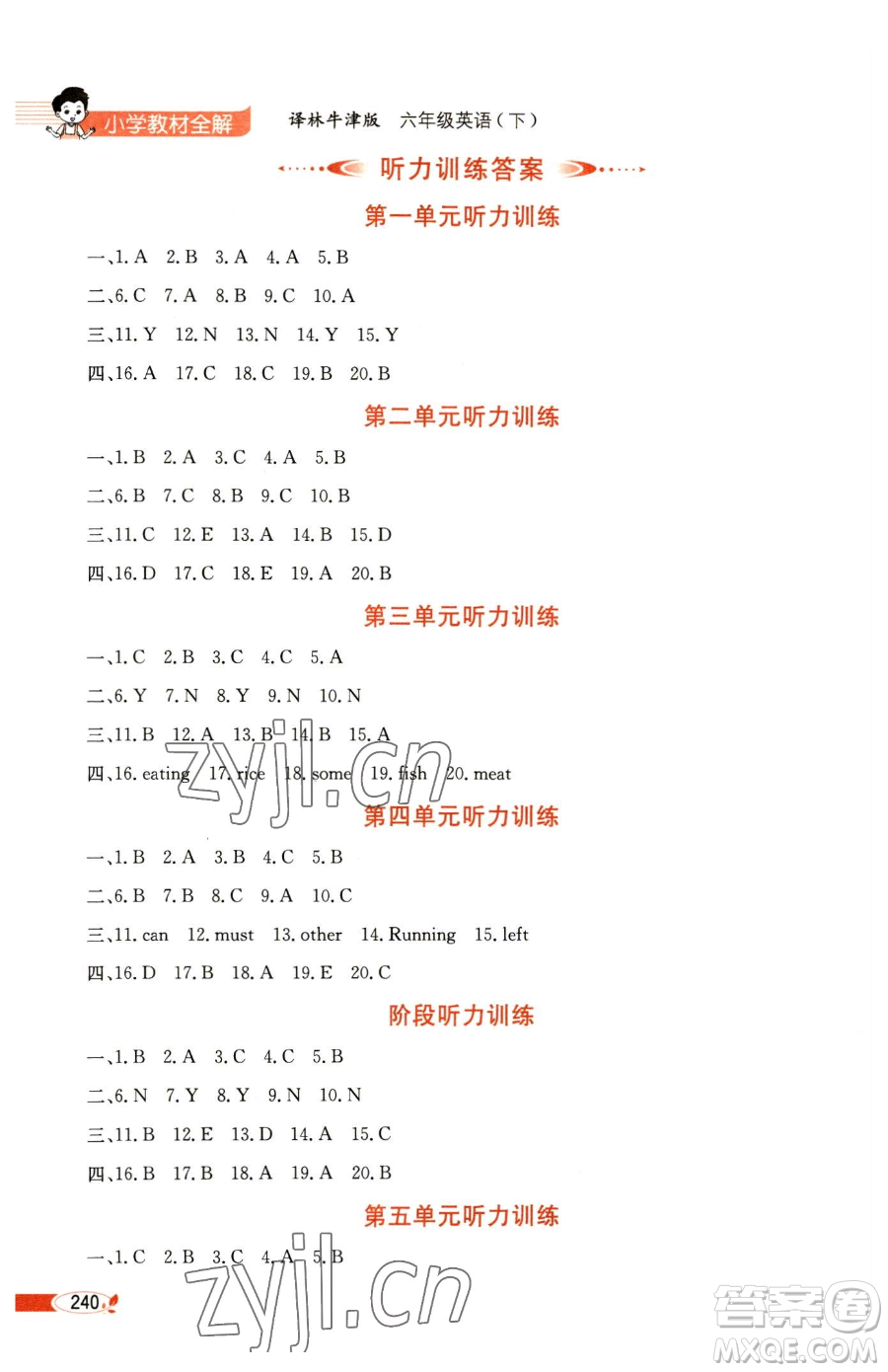 陜西人民教育出版社2023小學教材全解六年級下冊英語譯林牛津版三起參考答案