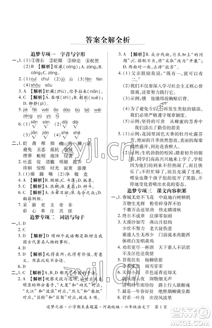 天津科學(xué)技術(shù)出版社2023追夢之旅小學(xué)期末真題篇六年級(jí)下冊語文人教版河南專版參考答案