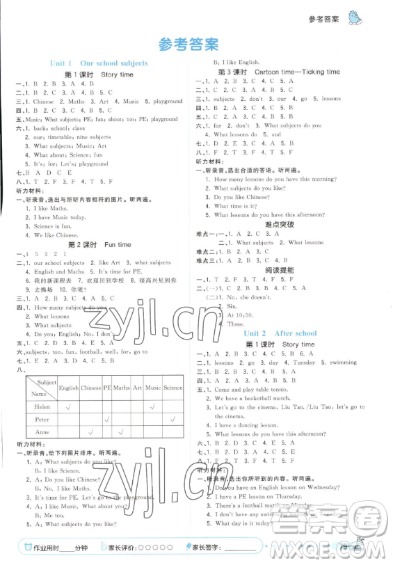 云南科技出版社2023智慧翔奪冠小狀元課時(shí)作業(yè)本四年級(jí)下冊(cè)英語(yǔ)譯林版參考答案