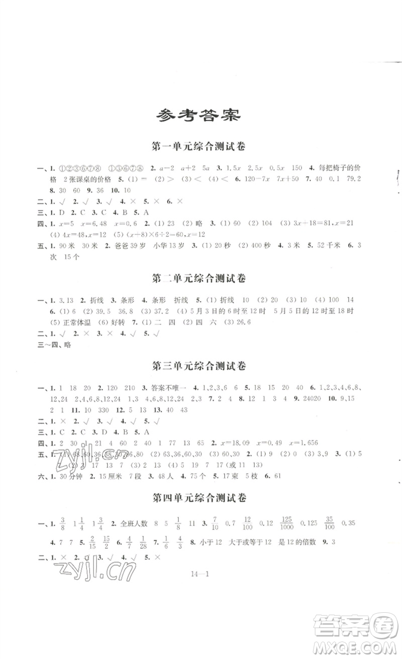 江蘇鳳凰科學(xué)技術(shù)出版社2023同步練習(xí)配套試卷五年級(jí)數(shù)學(xué)下冊(cè)蘇教版參考答案