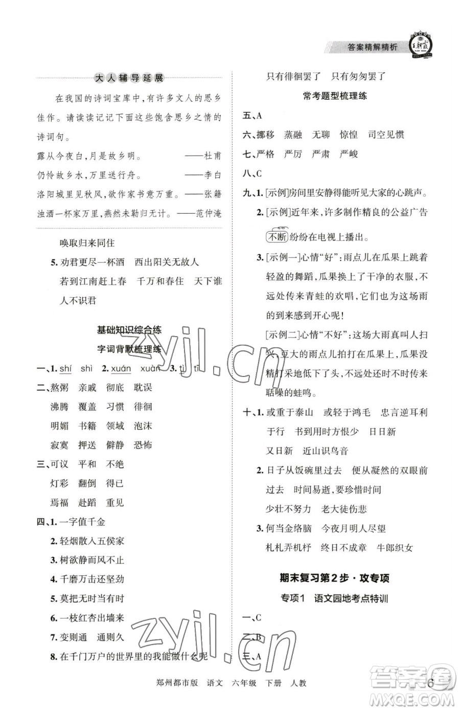 江西人民出版社2023王朝霞期末真題精編六年級(jí)下冊(cè)語(yǔ)文人教版鄭州專版參考答案