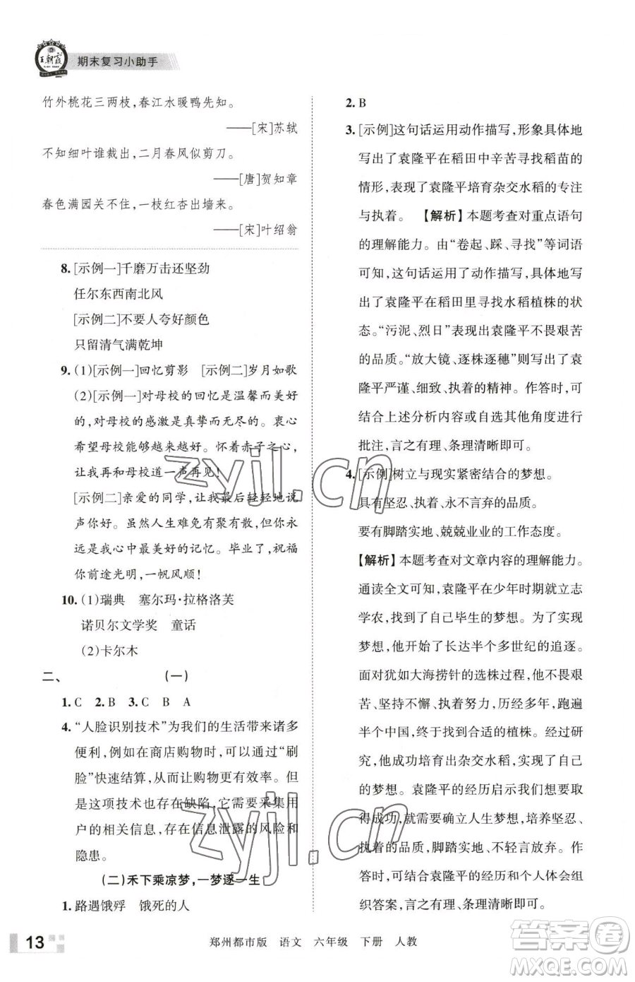 江西人民出版社2023王朝霞期末真題精編六年級(jí)下冊(cè)語(yǔ)文人教版鄭州專版參考答案