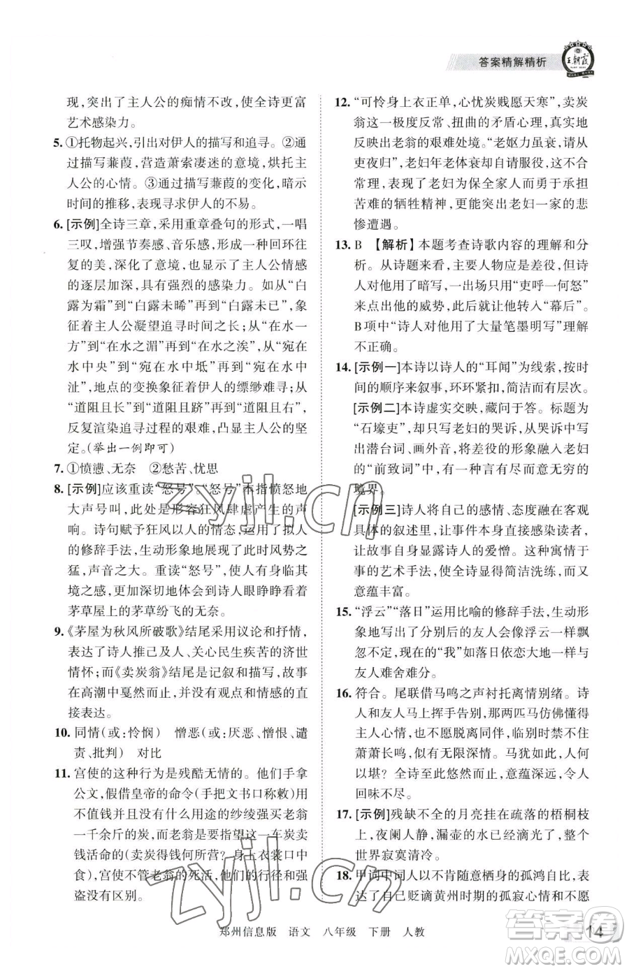 江西人民出版社2023王朝霞期末真題精編八年級(jí)下冊(cè)語(yǔ)文人教版鄭州專版參考答案