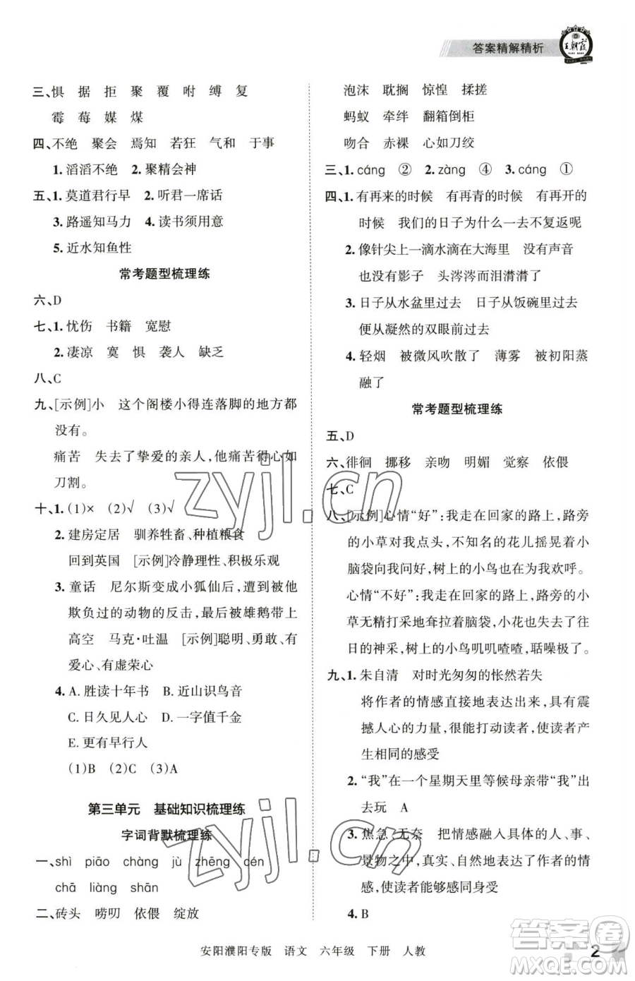 江西人民出版社2023王朝霞期末真題精編六年級(jí)下冊(cè)語(yǔ)文人教版安濮專版參考答案