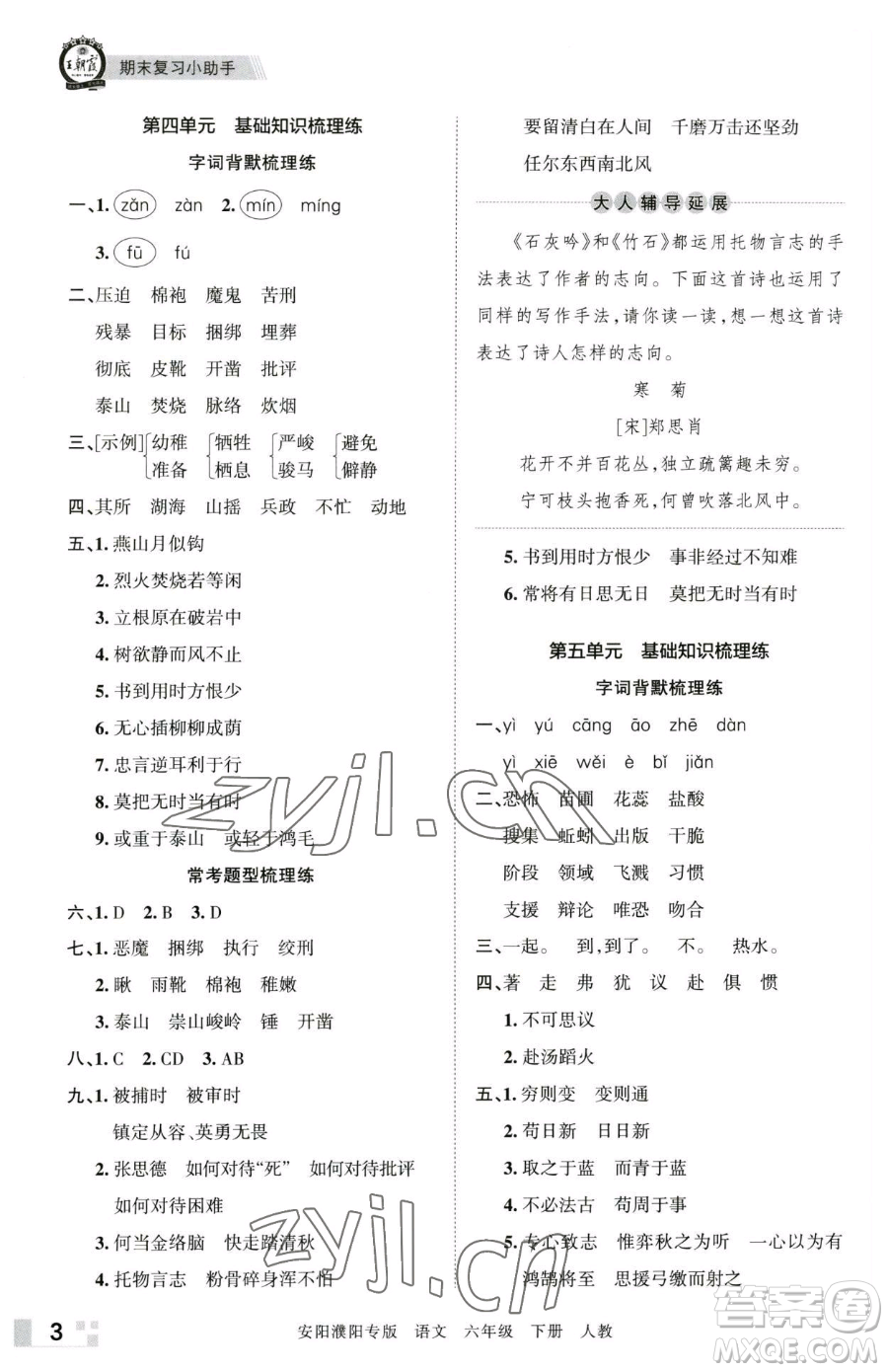 江西人民出版社2023王朝霞期末真題精編六年級(jí)下冊(cè)語(yǔ)文人教版安濮專版參考答案