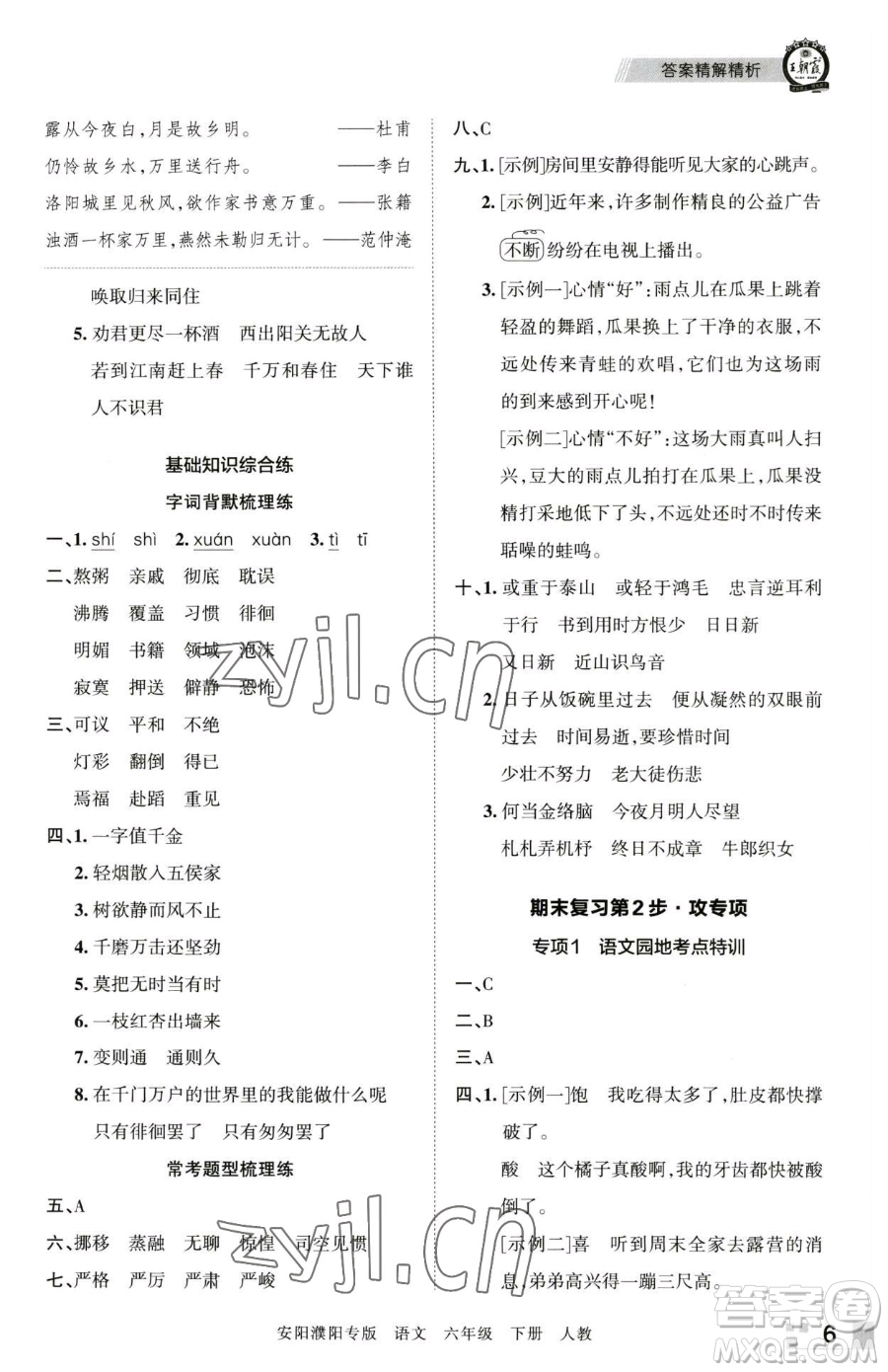 江西人民出版社2023王朝霞期末真題精編六年級(jí)下冊(cè)語(yǔ)文人教版安濮專版參考答案