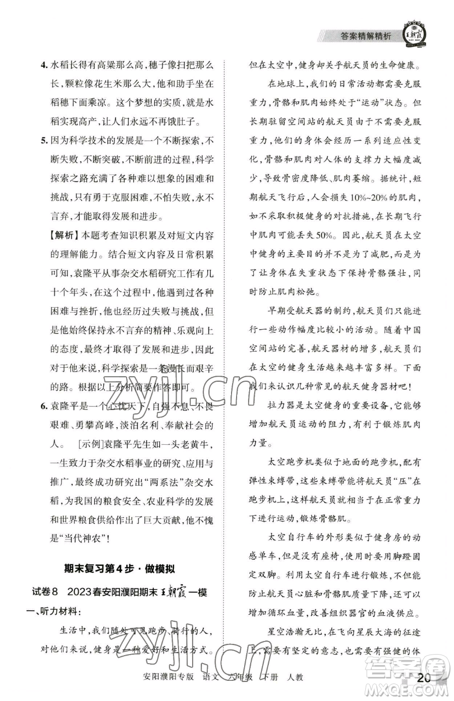 江西人民出版社2023王朝霞期末真題精編六年級(jí)下冊(cè)語(yǔ)文人教版安濮專版參考答案