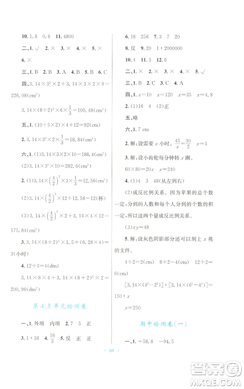 青海人民出版社2023快樂練練吧同步練習六年級數學下冊人教版青海專版參考答案