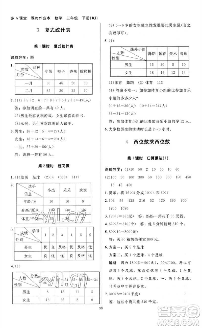 二十一世紀(jì)出版社集團(tuán)2023多A課堂課時廣東作業(yè)本三年級數(shù)學(xué)下冊人教版參考答案