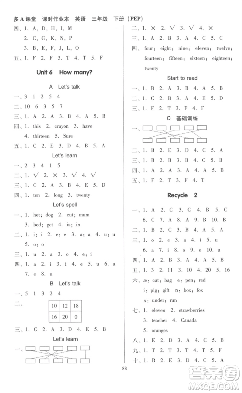 二十一世紀(jì)出版社集團(tuán)2023多A課堂課時(shí)廣東作業(yè)本三年級(jí)英語(yǔ)下冊(cè)人教PEP版參考答案