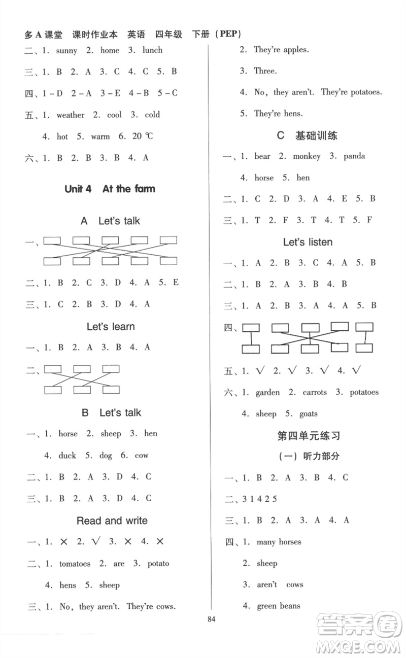 二十一世紀(jì)出版社集團(tuán)2023多A課堂課時(shí)廣東作業(yè)本四年級(jí)英語(yǔ)下冊(cè)人教PEP版參考答案