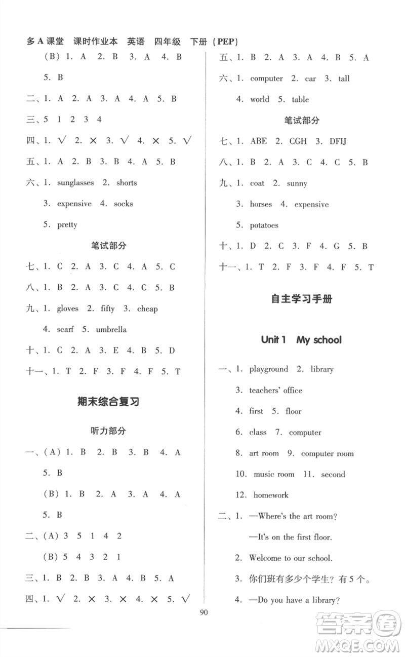 二十一世紀(jì)出版社集團(tuán)2023多A課堂課時(shí)廣東作業(yè)本四年級(jí)英語(yǔ)下冊(cè)人教PEP版參考答案