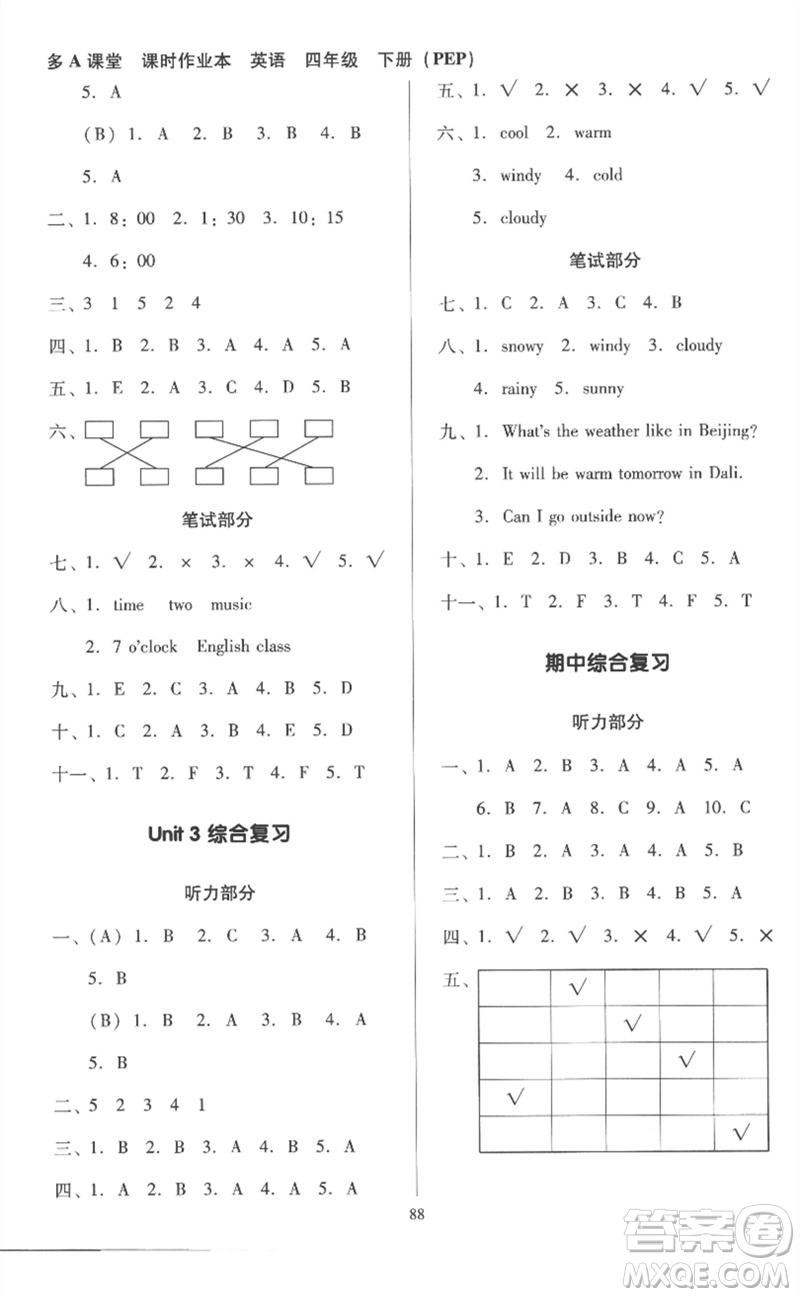 二十一世紀(jì)出版社集團(tuán)2023多A課堂課時(shí)廣東作業(yè)本四年級(jí)英語(yǔ)下冊(cè)人教PEP版參考答案