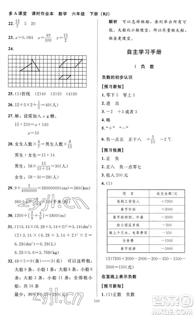 二十一世紀(jì)出版社集團(tuán)2023多A課堂課時(shí)廣東作業(yè)本六年級(jí)數(shù)學(xué)下冊(cè)人教版參考答案