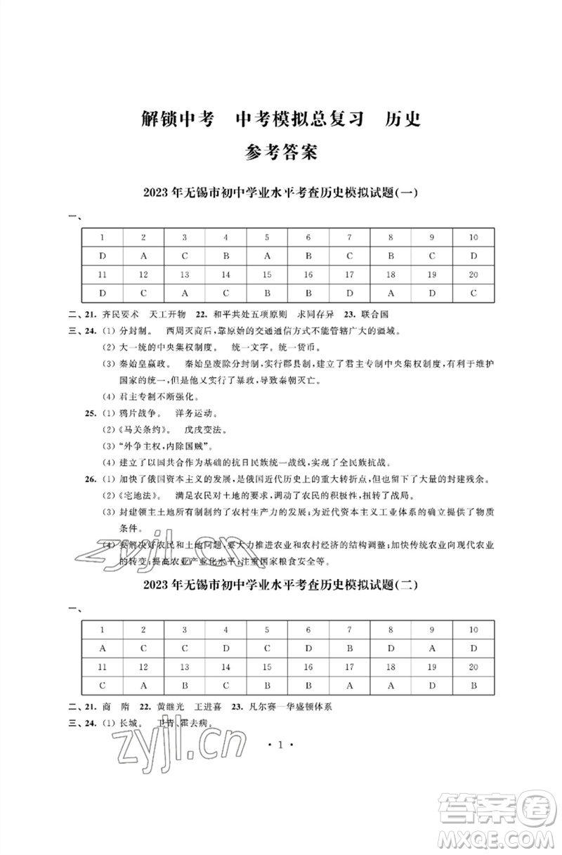 江蘇鳳凰科學技術出版社2023多維互動提優(yōu)課堂中考模擬總復習九年級歷史人教版參考答案