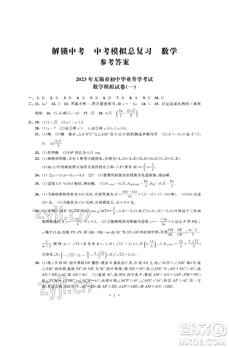 江蘇鳳凰科學(xué)技術(shù)出版社2023多維互動提優(yōu)課堂中考模擬總復(fù)習(xí)九年級數(shù)學(xué)通用版參考答案