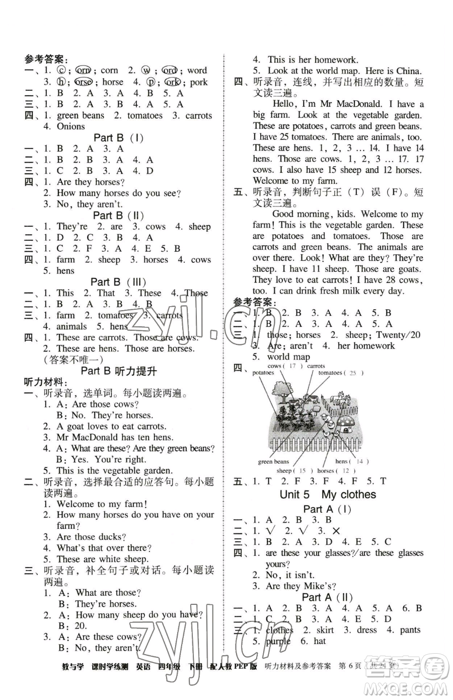 安徽人民出版社2023教與學課時學練測四年級下冊英語人教版參考答案