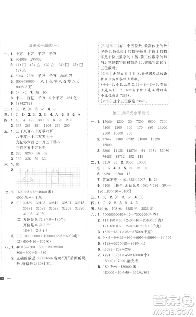 東南大學(xué)出版社2023小題狂做全程測(cè)評(píng)卷四年級(jí)數(shù)學(xué)下冊(cè)蘇教版參考答案