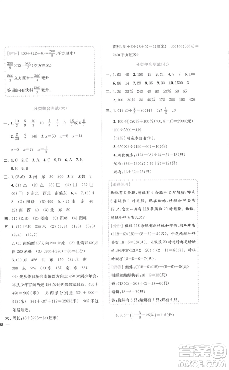 東南大學(xué)出版社2023小題狂做全程測(cè)評(píng)卷六年級(jí)數(shù)學(xué)下冊(cè)蘇教版參考答案