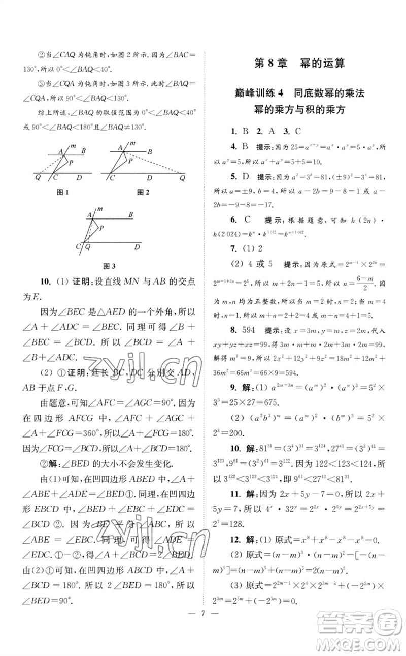 江蘇鳳凰科學(xué)技術(shù)出版社2023初中數(shù)學(xué)小題狂做七年級(jí)下冊(cè)蘇科版巔峰版參考答案